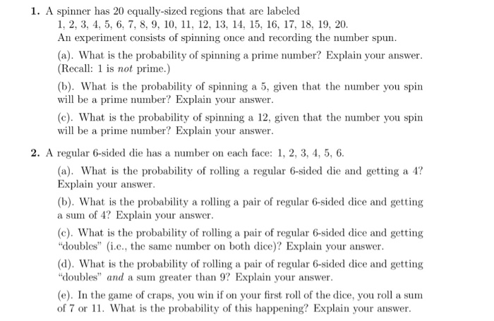 Solved 1. A spinner has 20 equally-sized regions that are | Chegg.com
