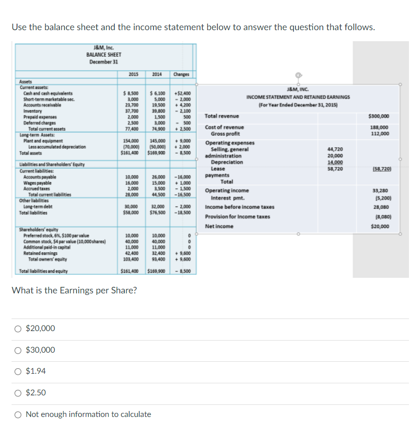 Solved Use the balance sheet and the income statement below | Chegg.com