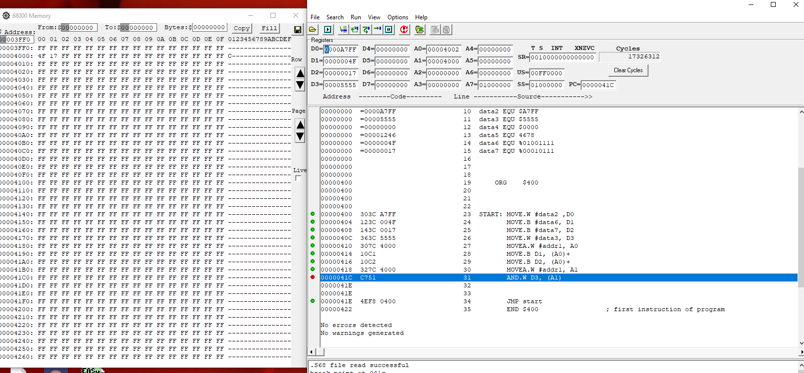 - O x File Search Run View Options Help C E O Registers DO=0000A7FF D4-00000000 A0-00004002 A4=00000000 TS IN XNZVC Cycles 17