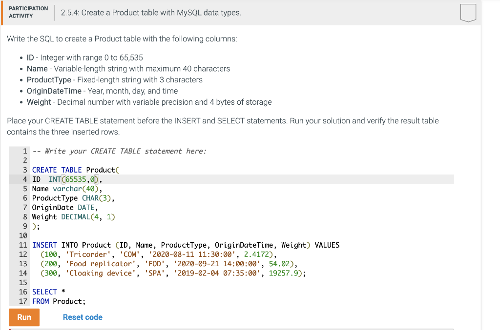 Solved Write The SQL To Create A Product Table With The | Chegg.com