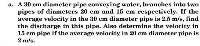 Solved a. A 30 cm diameter pipe conveying water, branches | Chegg.com