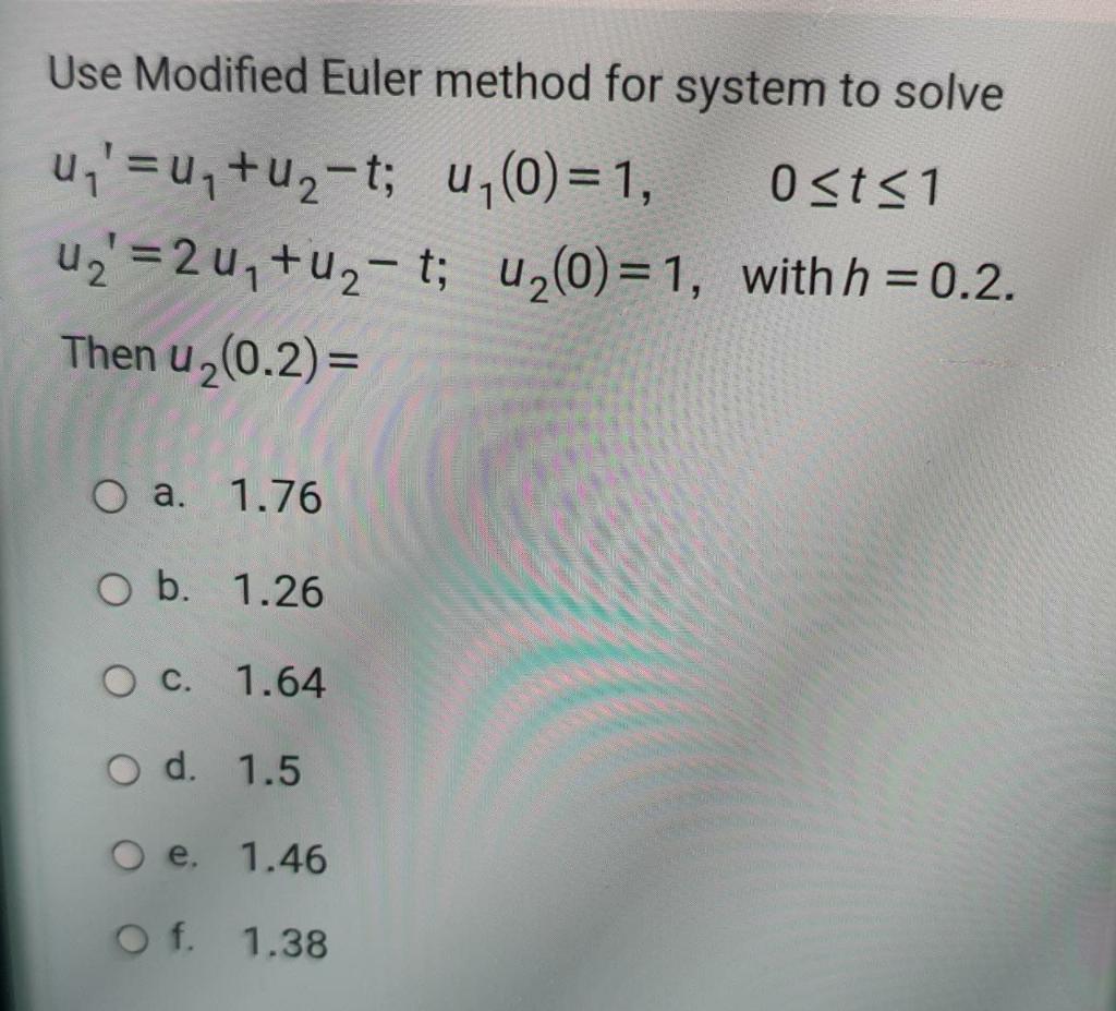 Solved Use Modified Euler Method For System To Solve U,' = | Chegg.com