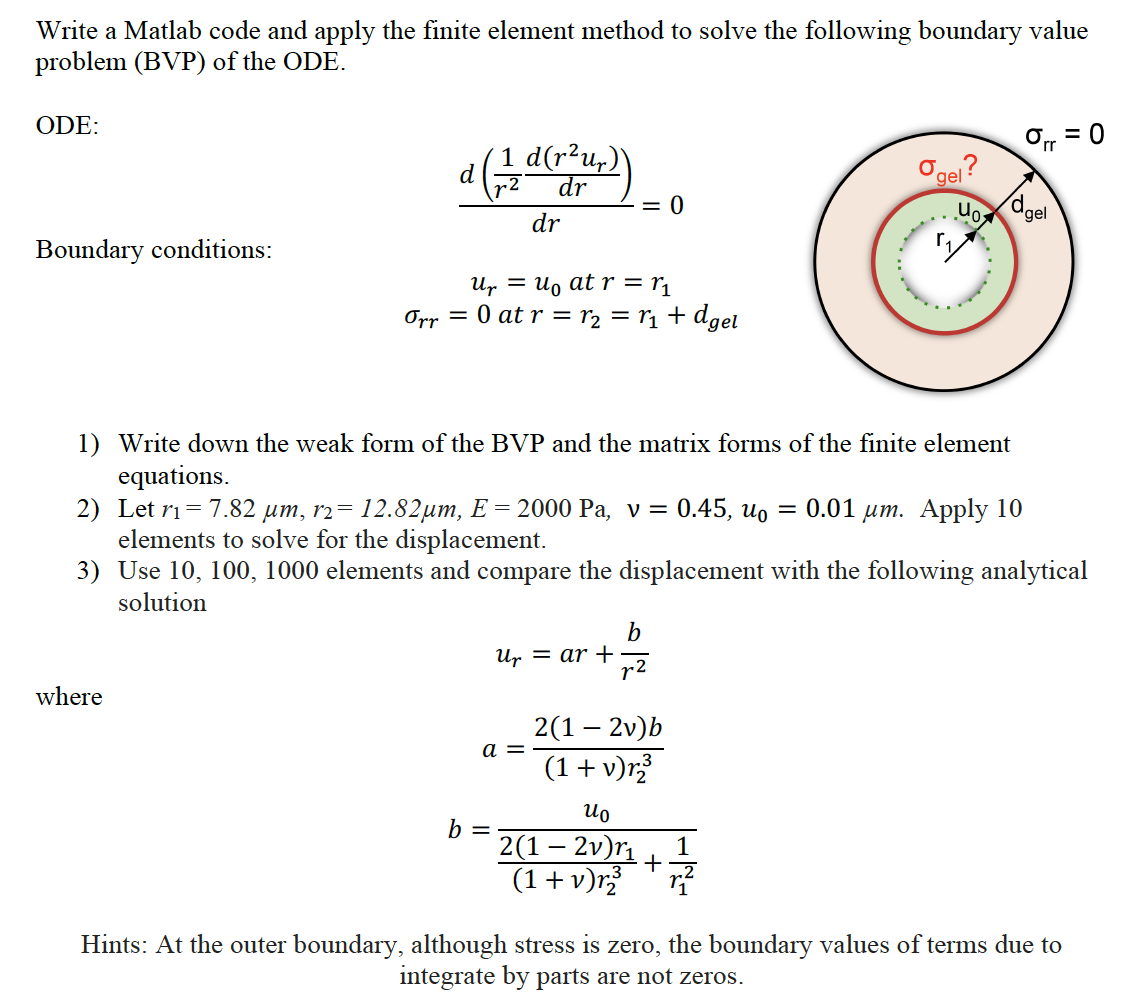 Write a matlab code and apply the finite element method to solve the following boundary value problem (bvp) of the ode. ode: