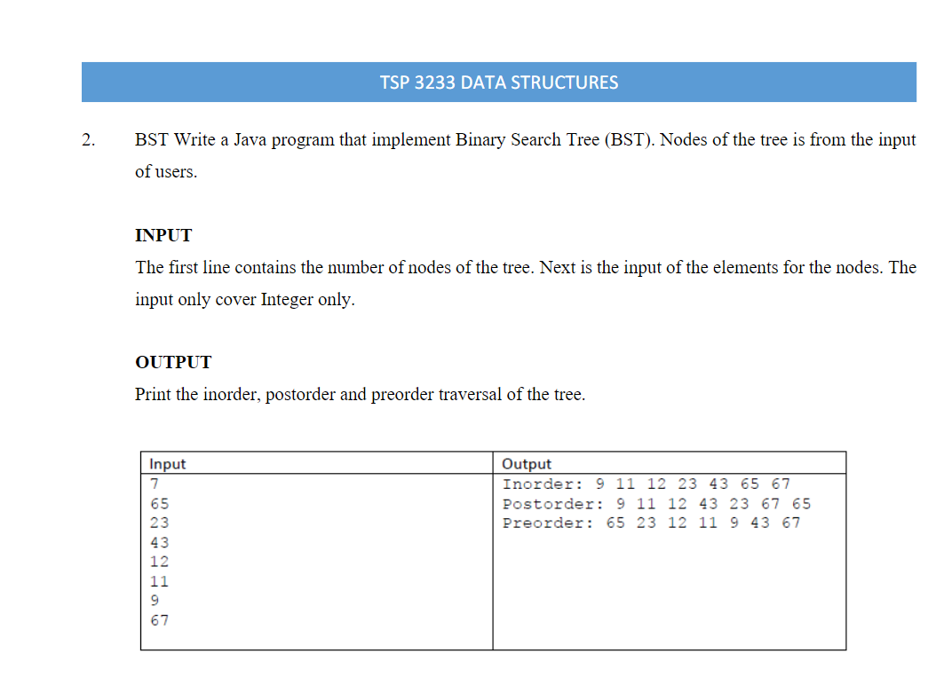 Solved TSP 3233 DATA STRUCTURES 2. BST Write a Java program | Chegg.com