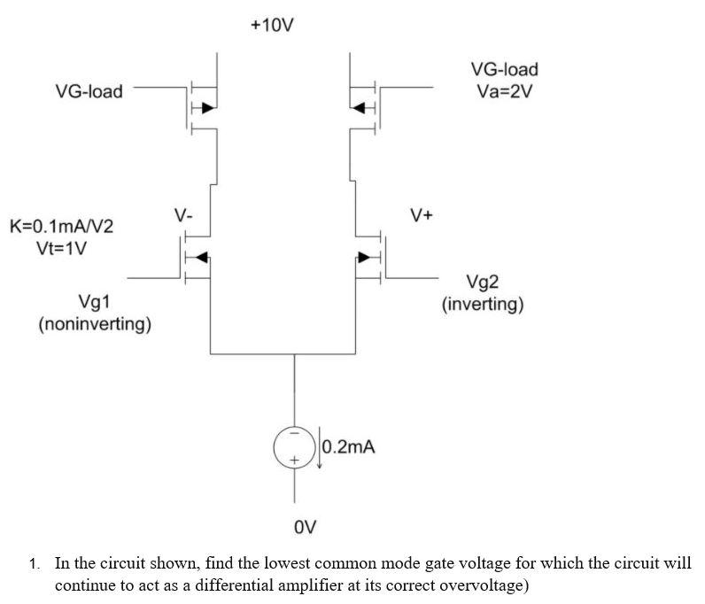 Solved +10V VG-load Va=2V VG-load V- V+ K=0.1mA/V2 Vt=1V Vg1 | Chegg.com
