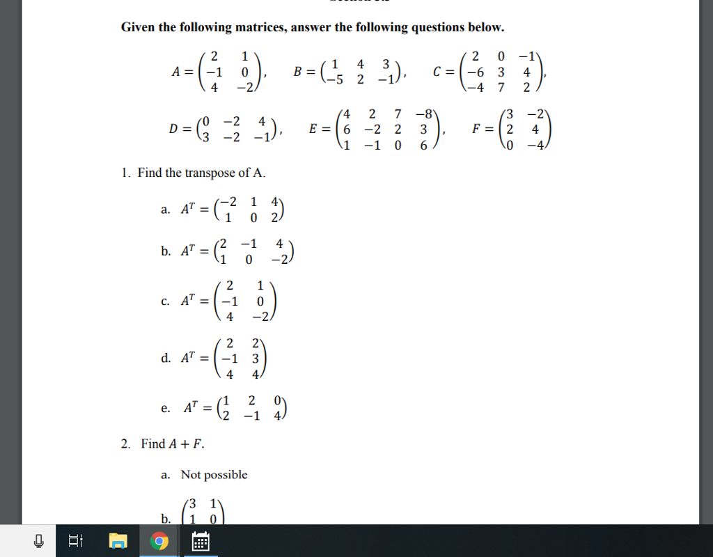 Solved Given the following matrices, answer the following | Chegg.com