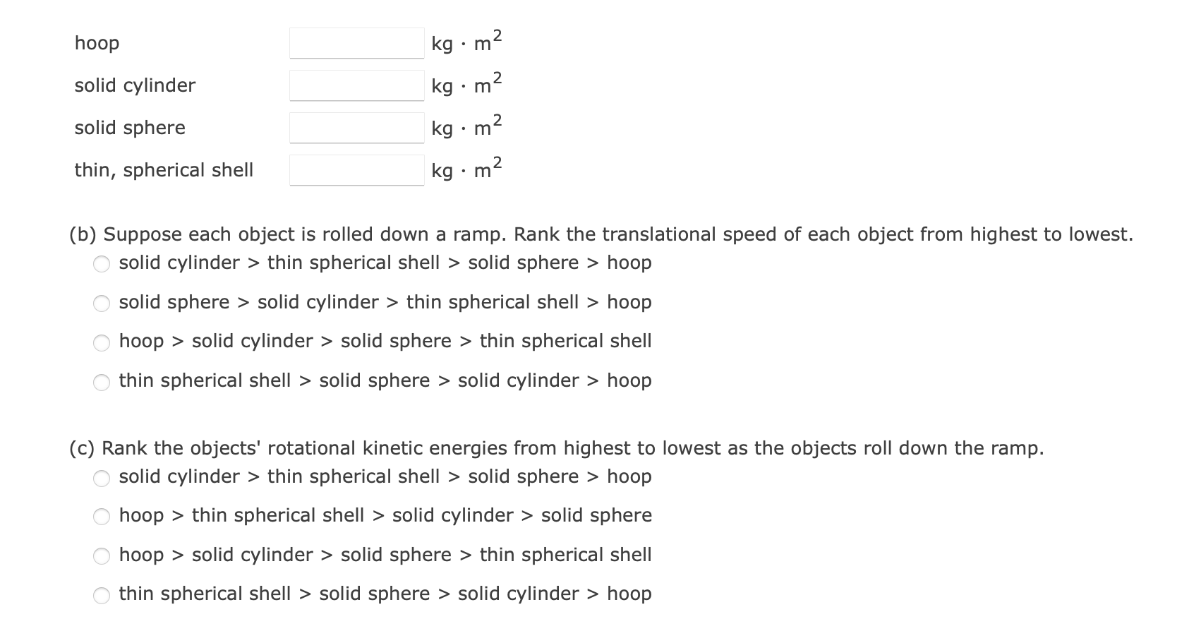 Solved Four objects-a hoop, a solid cylinder, a solid | Chegg.com