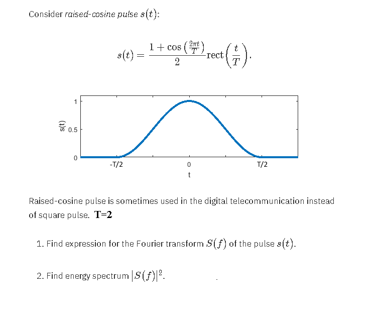 Solved Consider raised-cosine pulse s(t): s(t)= 1 + cos Y | Chegg.com