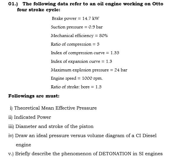 Solved 01.) The following data refer to an oil engine | Chegg.com