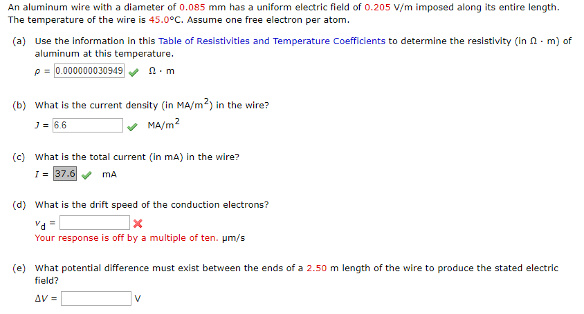 Solved An aluminum wire with a diameter of 0.085 mm has a | Chegg.com