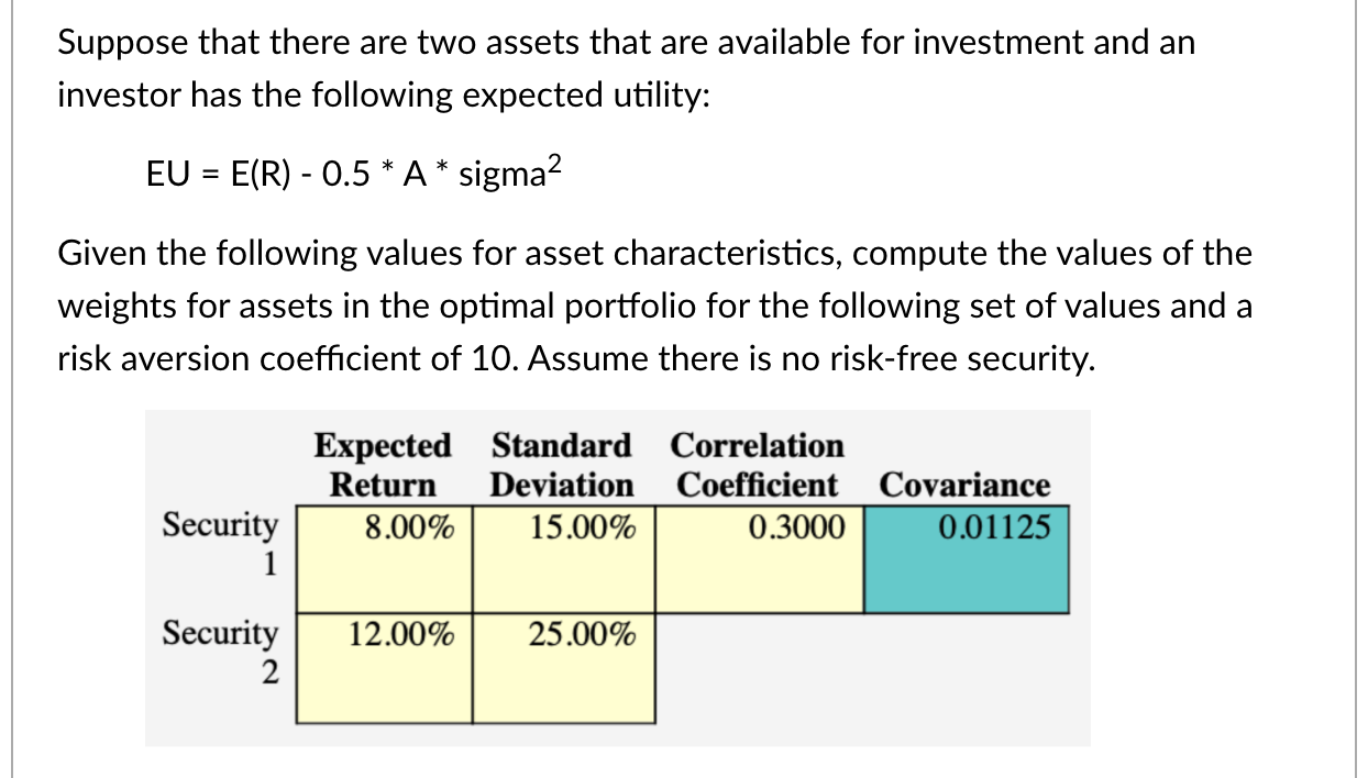 Solved Suppose That There Are Two Assets That Are Available | Chegg.com