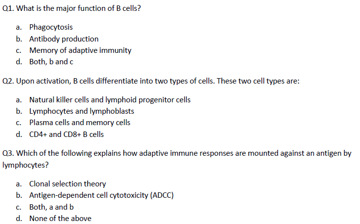 Solved 01. What is the major function of B cells? | Chegg.com