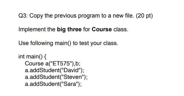 Solved Q1: Implement a Course class as specified: (20 pt) | Chegg.com