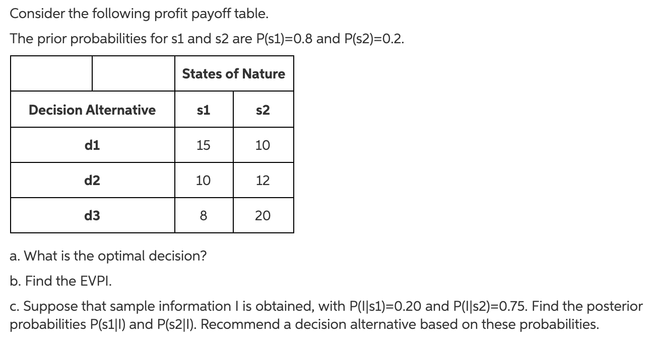 Solved Consider The Following Profit Payoff Table. The Prior | Chegg.com