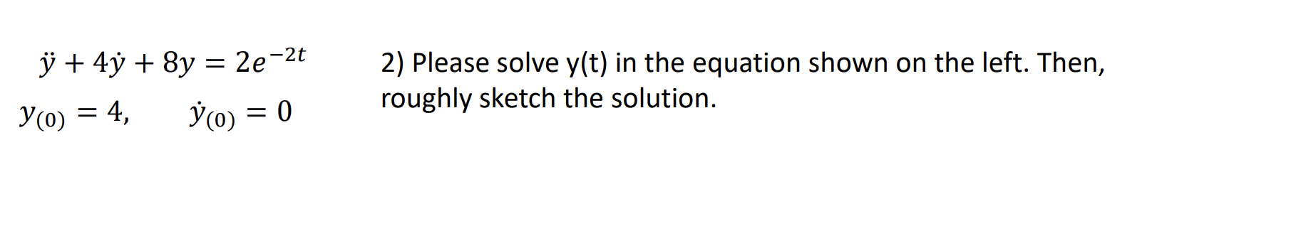 Solved y¨+4y˙+8y=2e−2ty(0)=4,y˙(0)=0 2) Please solve y(t) in | Chegg.com