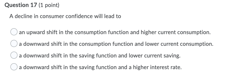 solved multiple choice questionwhen consumers decrease... Solved Question 17 (1 point) A decline in consumer | Chegg.com