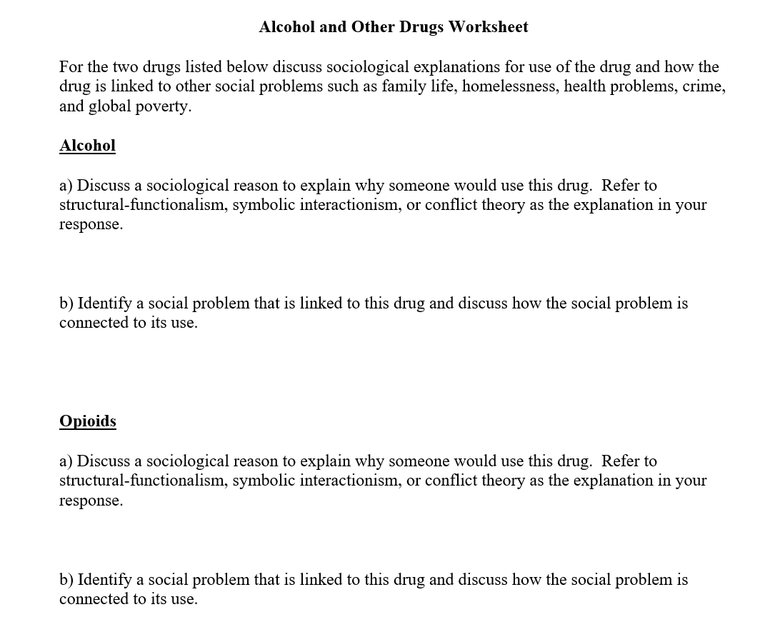 Alcohol And Other Drugs Worksheet For The Two Drugs 4918