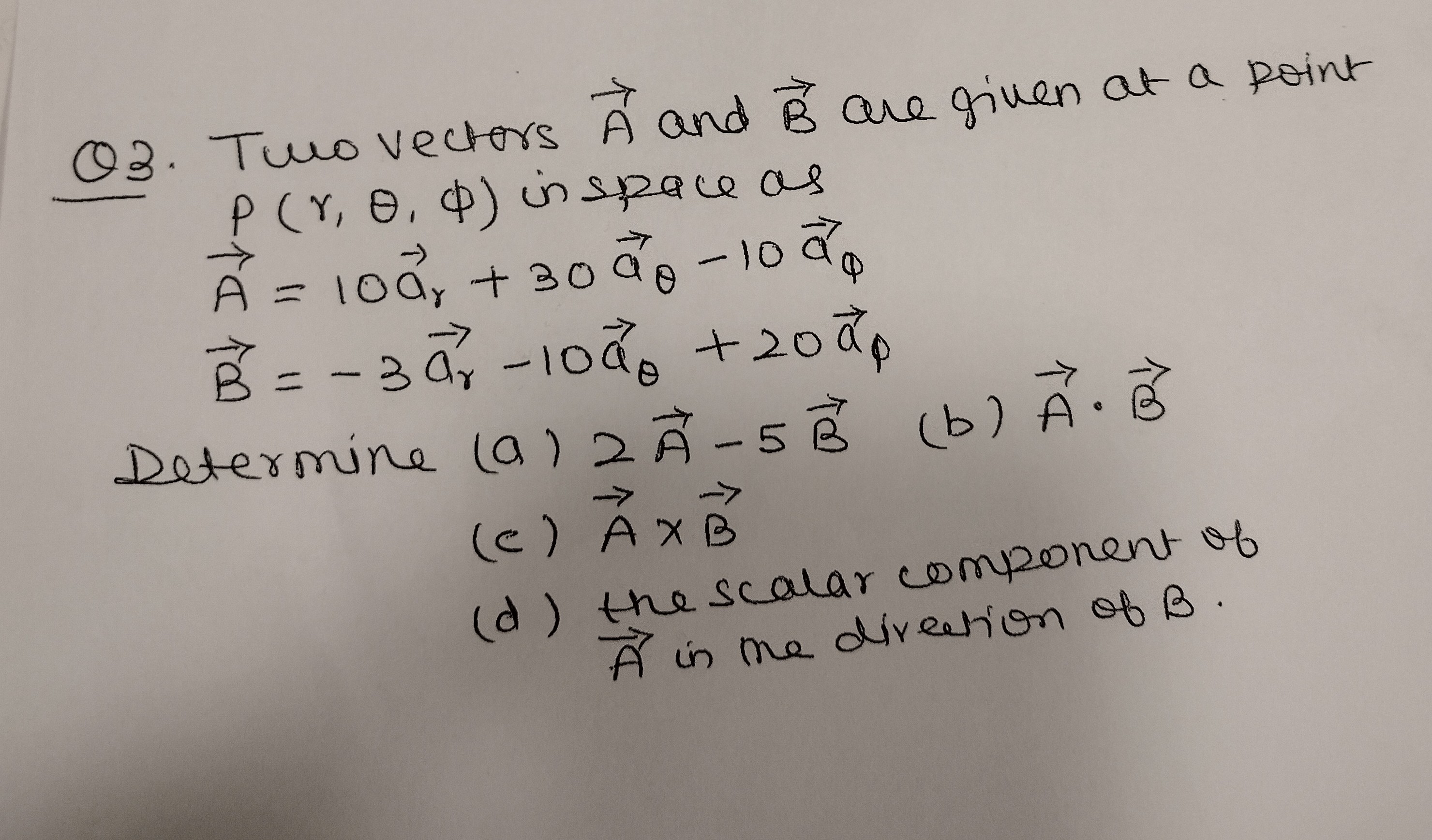 Solved Q3. Two vectors A and B are given at a point p(r,θ,ϕ) | Chegg.com