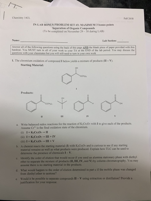Chemistry 14CL Fall 2018 IN-LAB BONUS PROBLEM SET W3: | Chegg.com