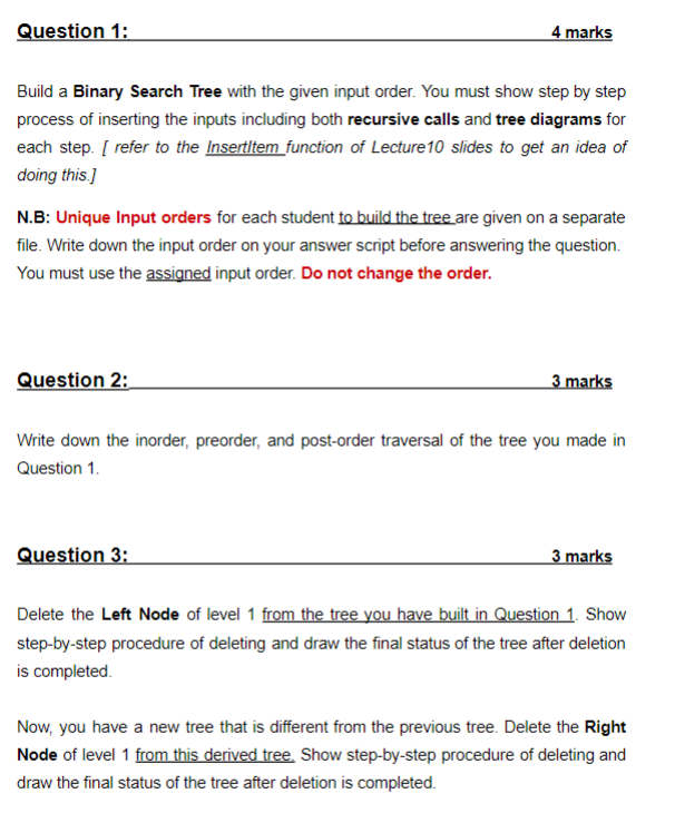 Solved Question 1: 4 marks Build a Binary Search Tree with | Chegg.com