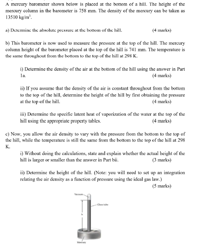 Solved A mercury barometer shown below is placed at the