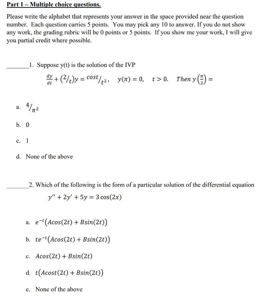 Solved Part 1 - Multiple choice questions. Please write the | Chegg.com