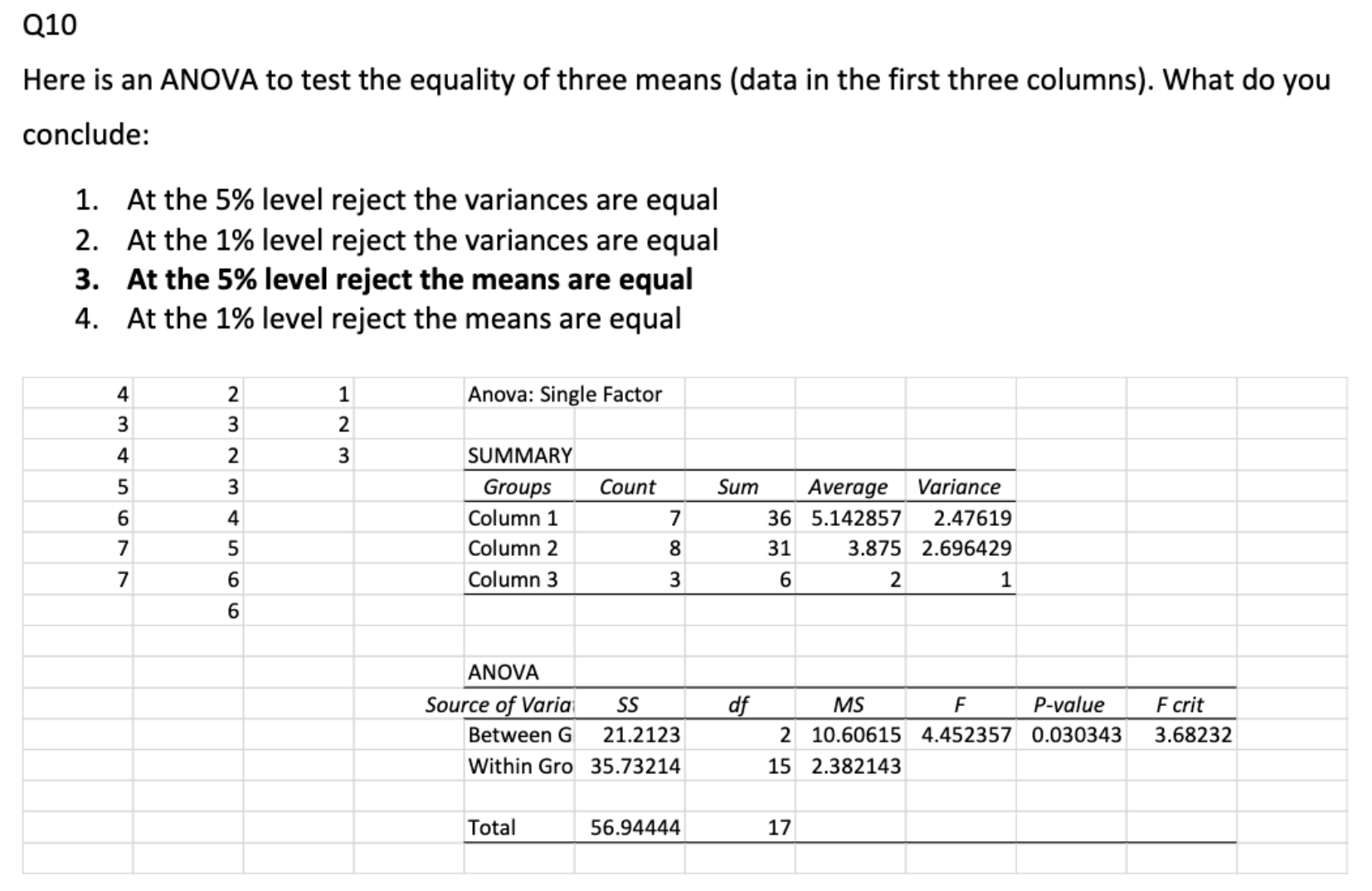 Solved Q10 Here is an ANOVA to test the equality of three