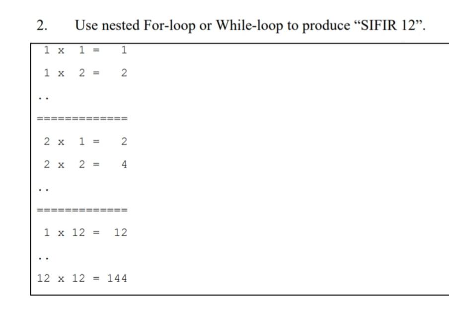Solved 2. Use nested For-loop or While-loop to produce | Chegg.com