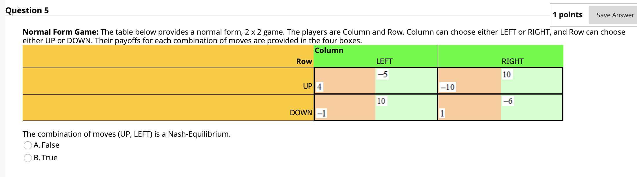 Solved Question 15 1 points Save Answer Normal Form Game: | Chegg.com