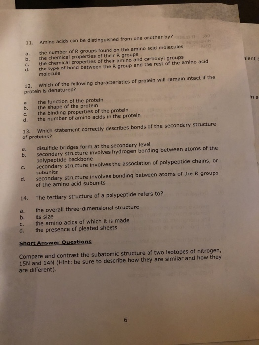 Solved 11. Amino acids can be distinguished from one another