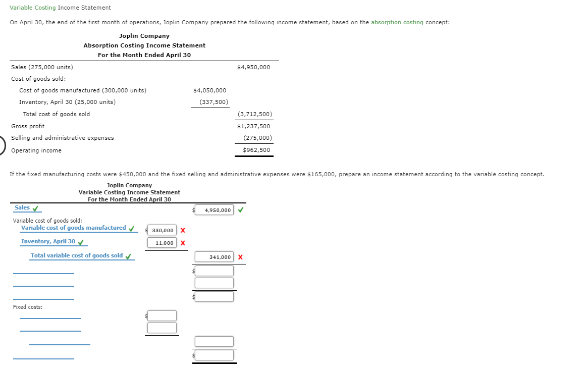 Solved Variable Costing Statement On April 30, the