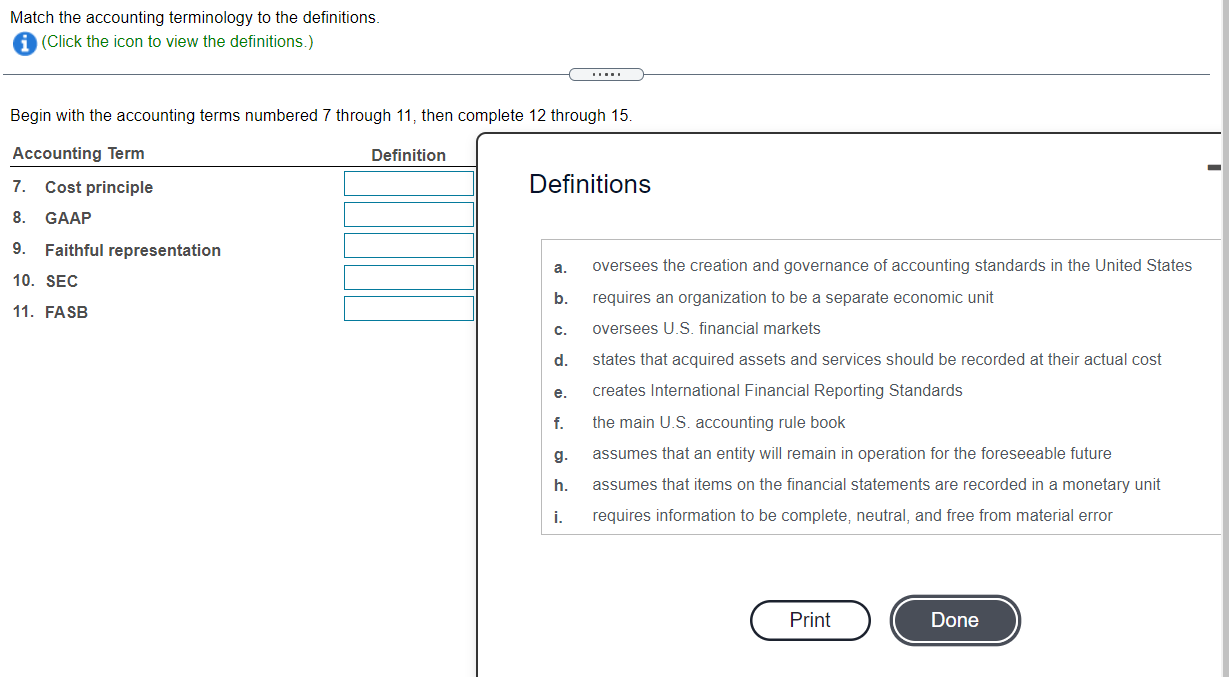 Solved Match The Accounting Terminology To The Definitions. | Chegg.com