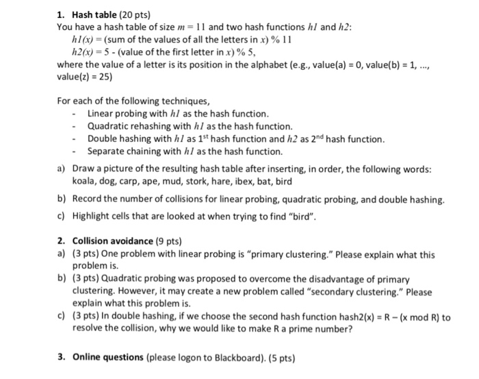 Solved 1. Hash table (20 pts) You have a hash table of size | Chegg.com