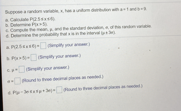 Solved Suppose A Random Variable, X, Has A Uniform | Chegg.com