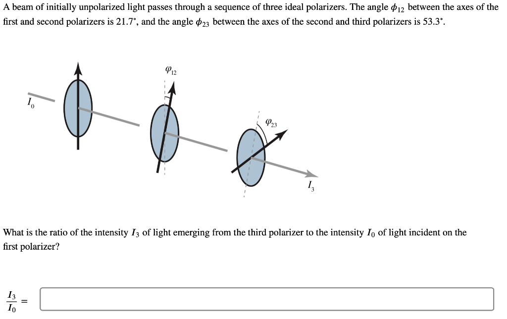 A beam of initially unpolarized light passes through a sequence of three ideal polarizers. The angle \( \phi_{12} \) between 