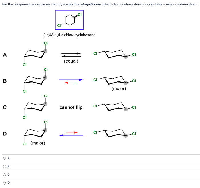 \( (1 r, 4 r) \)-1,4-dichlorocyclohexane
A
B
C
cannot flip
\( \longrightarrow \)