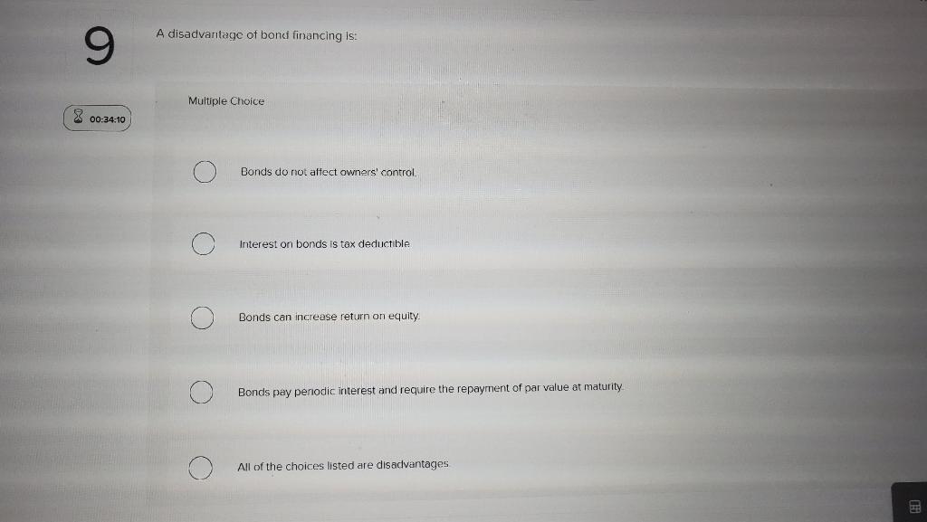 Solved A disadvantage of bond financing is: Multiple Choice | Chegg.com