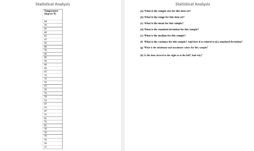 Solved Statistical Analysis Statistical Analysis Temperature | Chegg.com