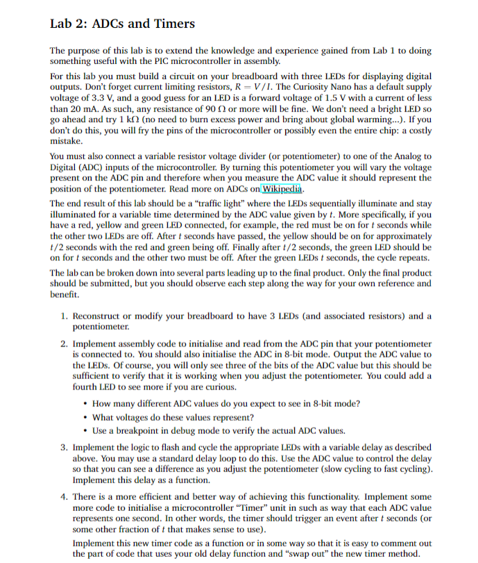 Lab 2: ADCs and Timers The purpose of this lab is to | Chegg.com