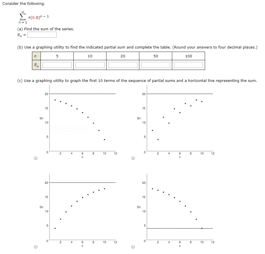 Solved Consider the following 2 4(0.8)n 1 (a) Find the sum | Chegg.com