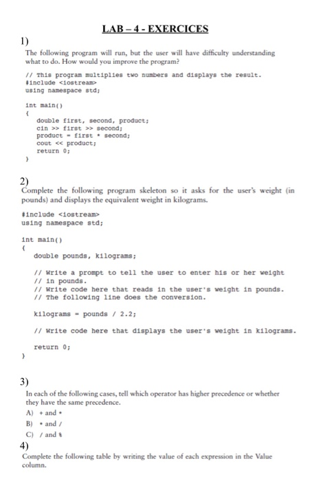 Solved LAB - 4 - EXERCICES The following program will run, | Chegg.com