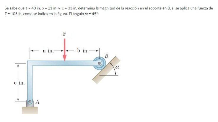 Se sabe que \( a=40 \) in, \( b=21 \) in y \( c=33 \) in, determina la magnitud de la reacción en el soporte en \( B \), si s