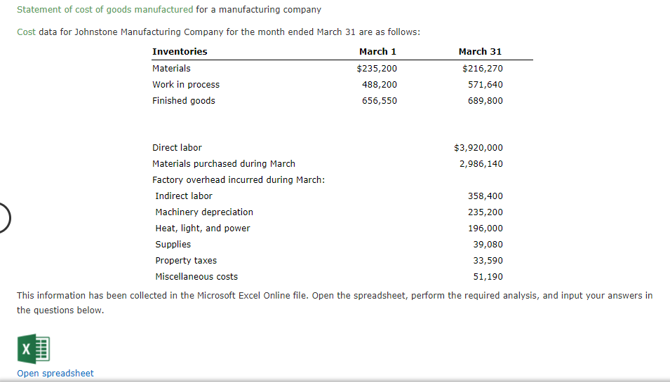 Solved Statement of cost of goods manufactured for a | Chegg.com