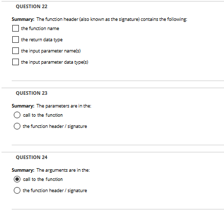 Solved QUESTION 22 Summary: The function header (also known | Chegg.com