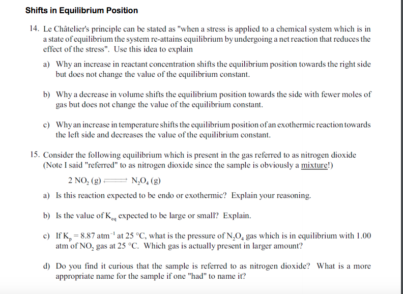 Solved Shifts in Equilibrium Position 14. Le Châtelier's | Chegg.com