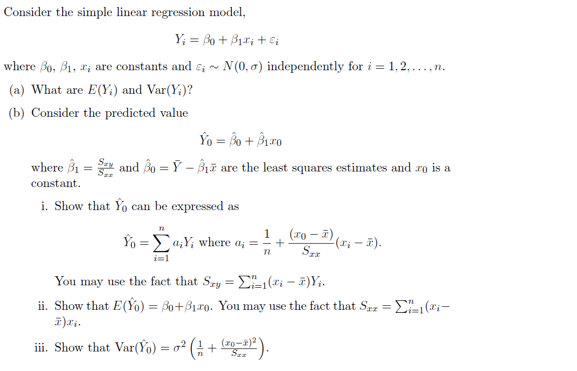 Solved Consider The Simple Linear Regression Model, Y BoB1 + | Chegg.com