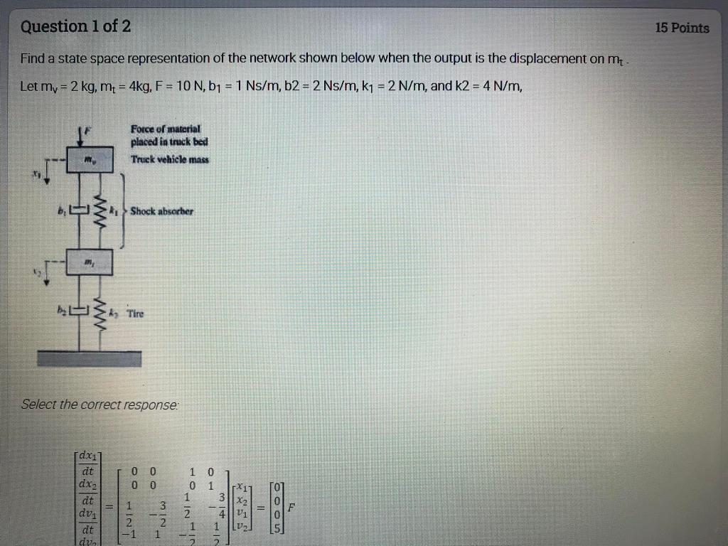 Solved Question 1 of 2 Find a state space representation of | Chegg.com