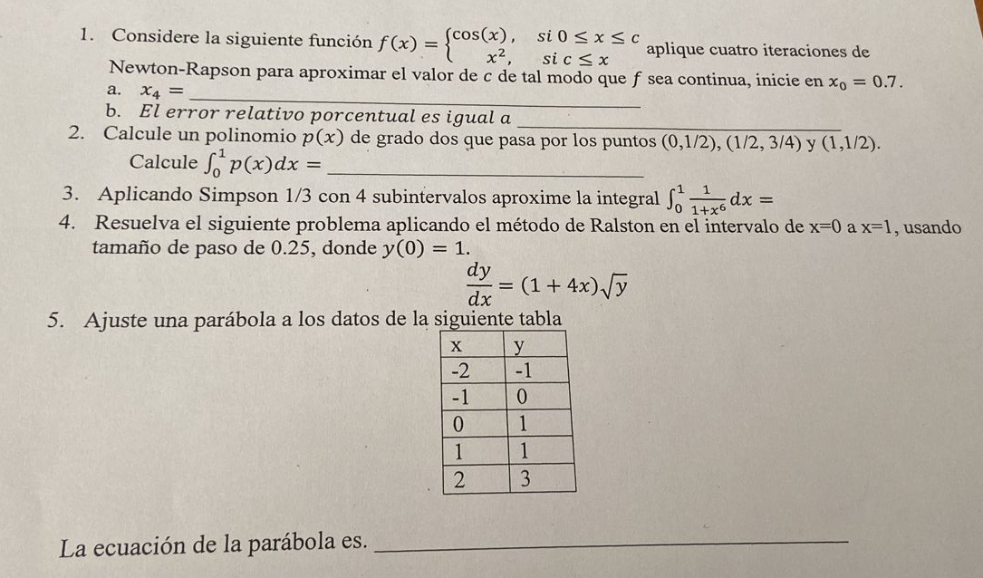 1. Considere la siguiente función \( f(x)=\left\{\begin{array}{cl}\cos (x), & \text { si } 0 \leq x \leq c \\ x^{2}, & \text