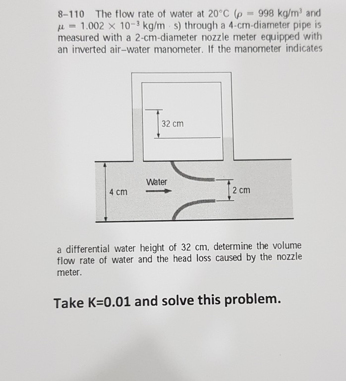 Solved 8-110 The flow rate of water at 20°C (p = 998 kg/m² | Chegg.com