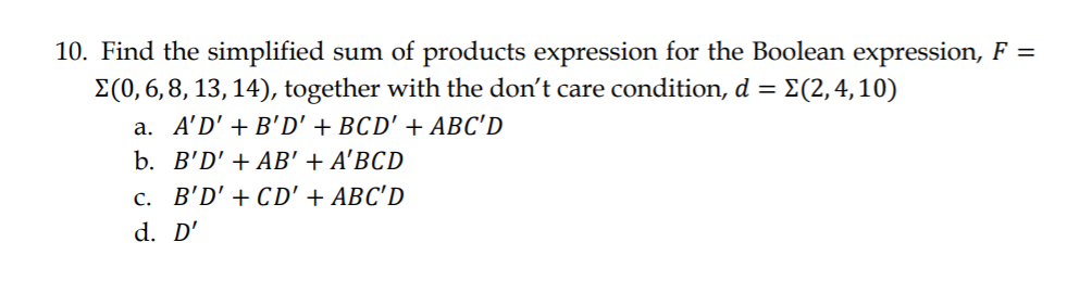 Solved 10. Find the simplified sum of products expression | Chegg.com